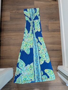 Strapless Tropical Maxi Dress in Navy & Lime